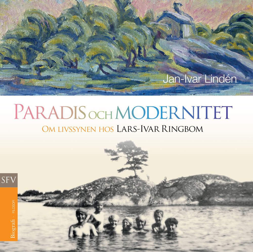 Ringbom-biografins pärm är tvådelad: överst en oljemålning av Lars-Ivar Ringbom föreställande ett klippigt skär, underst ett fotografi från hans barndom med unga och barn i vattnet.